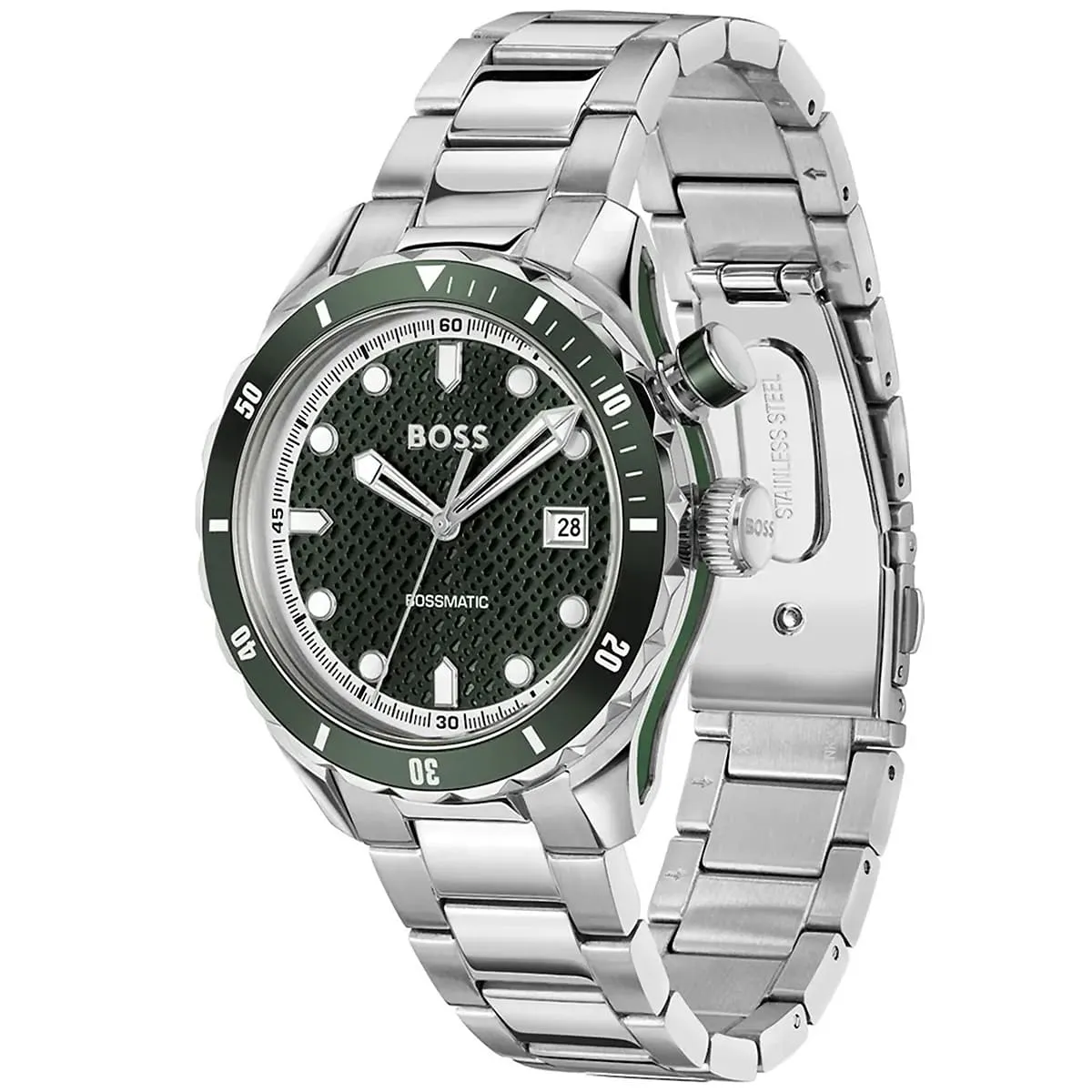 1514178 hugo boss watch bossmatic men patterned green dial stainless steel metal silver strap automatic analog three hand 2