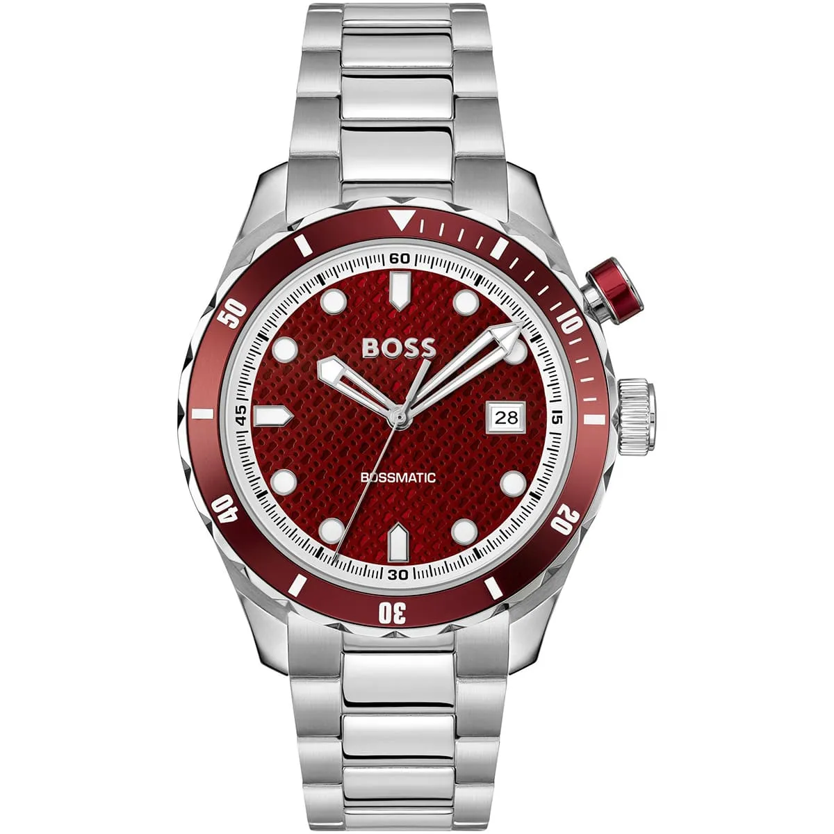 1514179 hugo boss watch bossmatic men patterned red dial stainless steel metal silver strap automatic analog three hand