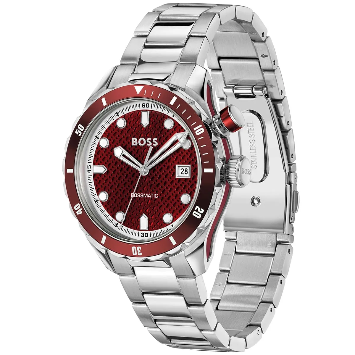 1514179 hugo boss watch bossmatic men patterned red dial stainless steel metal silver strap automatic analog three hand 2
