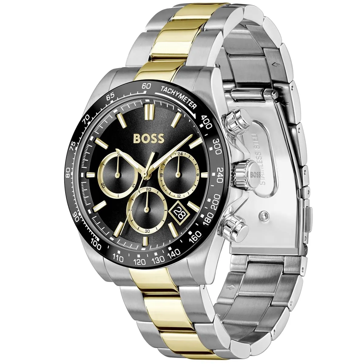 1514269 hugo boss watch men two tone black dial stainless steel metal silver gold strap quartz battery analog chronograph hero 2