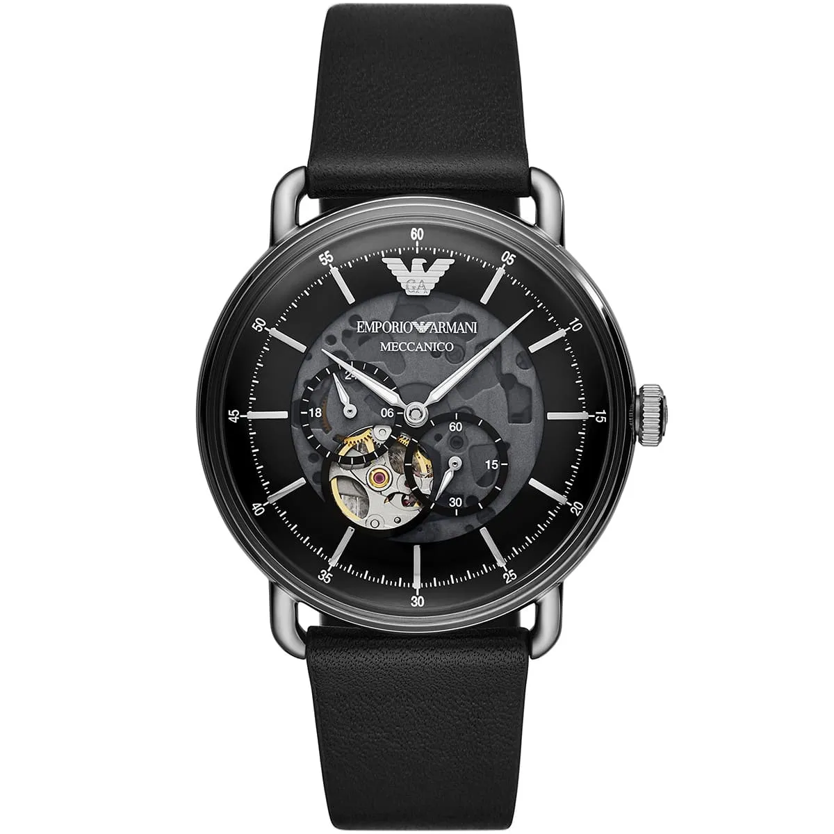 ar60026-emporio-armani-watch-meccanico-men-black-dial-leather-strap-automatic-analog-chronograph-aviator ساعة امبوريو ارماني للرجال AR60026 - الصورة 1