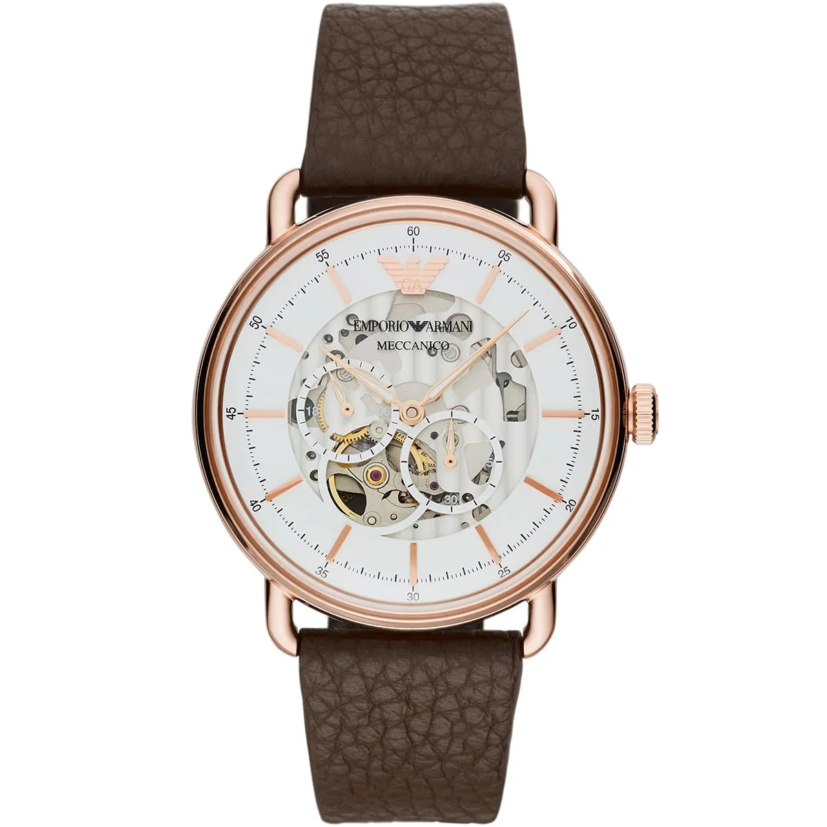 ar60027-emporio-armani-watch-meccanico-men-white-dial-leather-brown-strap-automatic-analog-chronograph-aviator ساعة امبوريو ارماني للرجال AR60027 - الصورة 1