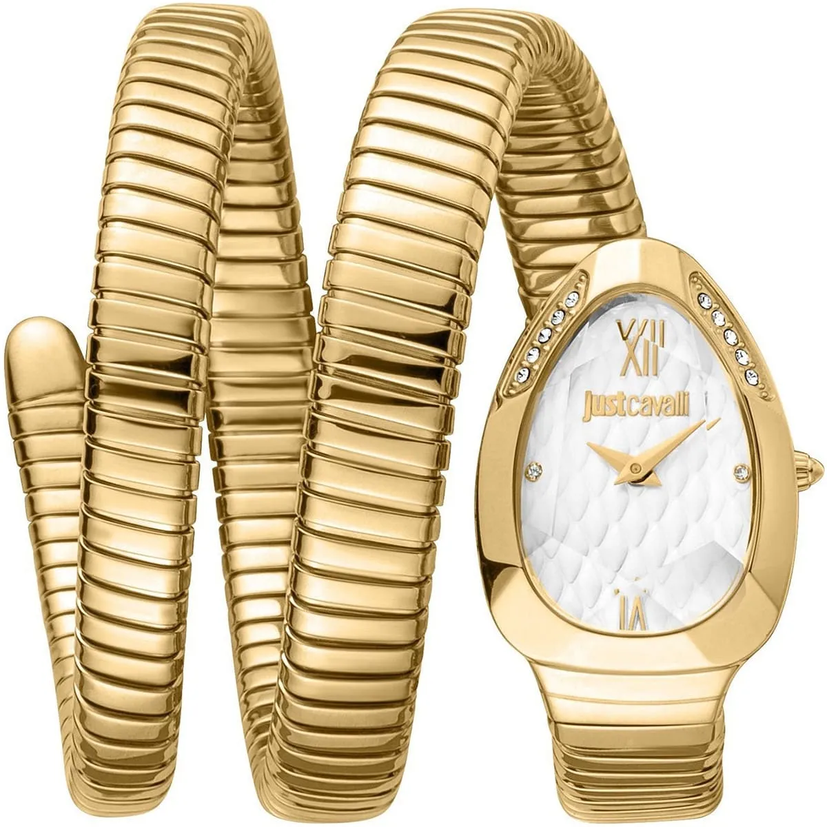 jc1l224m0035 just cavalli watch signature snake women silver dial gold stainless steel strap triple wrap crystals