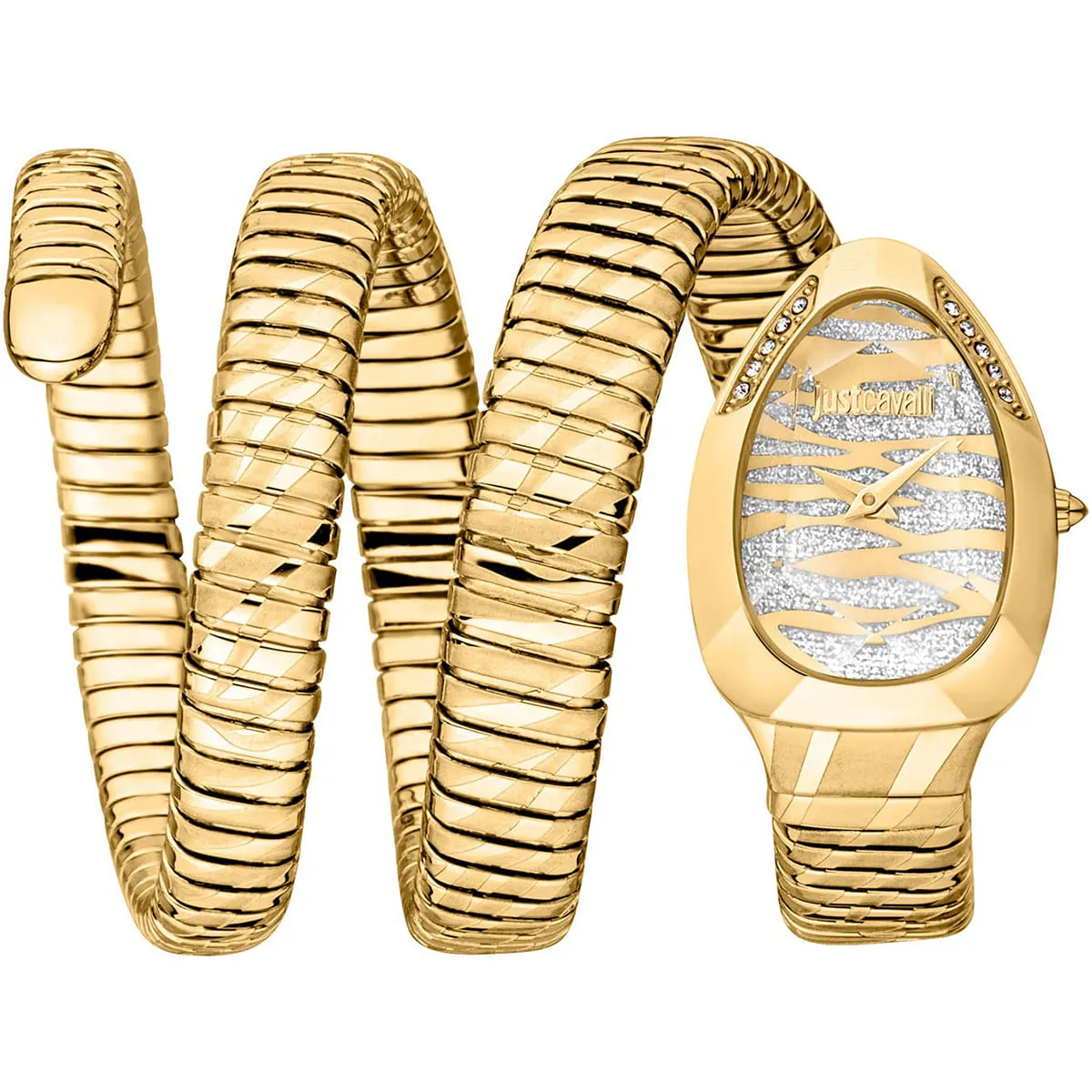 jc1l226m0025 just cavalli watch signature snake women gold silver dial stainless steel strap triple wrap crystals glitter