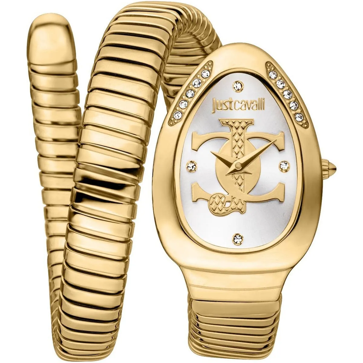 jc1l227m0035 just cavalli watch signature snake women silver dial gold stainless steel strap double wrap bracelet crystals jc logo 1