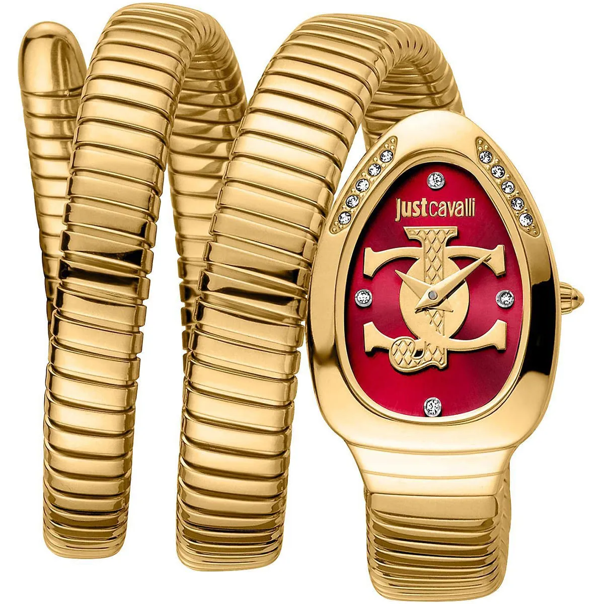 jc1l228m0045 just cavalli watch signature snake women red dial gold stainless steel strap triple wrap crystals jc logo