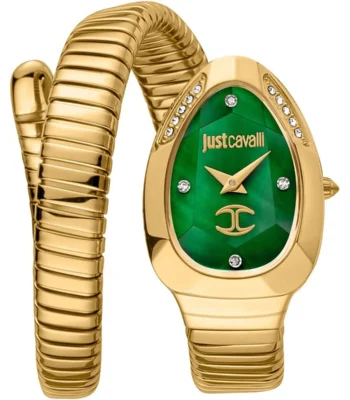 jc1l229m0035 just cavalli watch signature snake women green dial gold stainless steel strap double wrap bracelet crystals mother of pearl