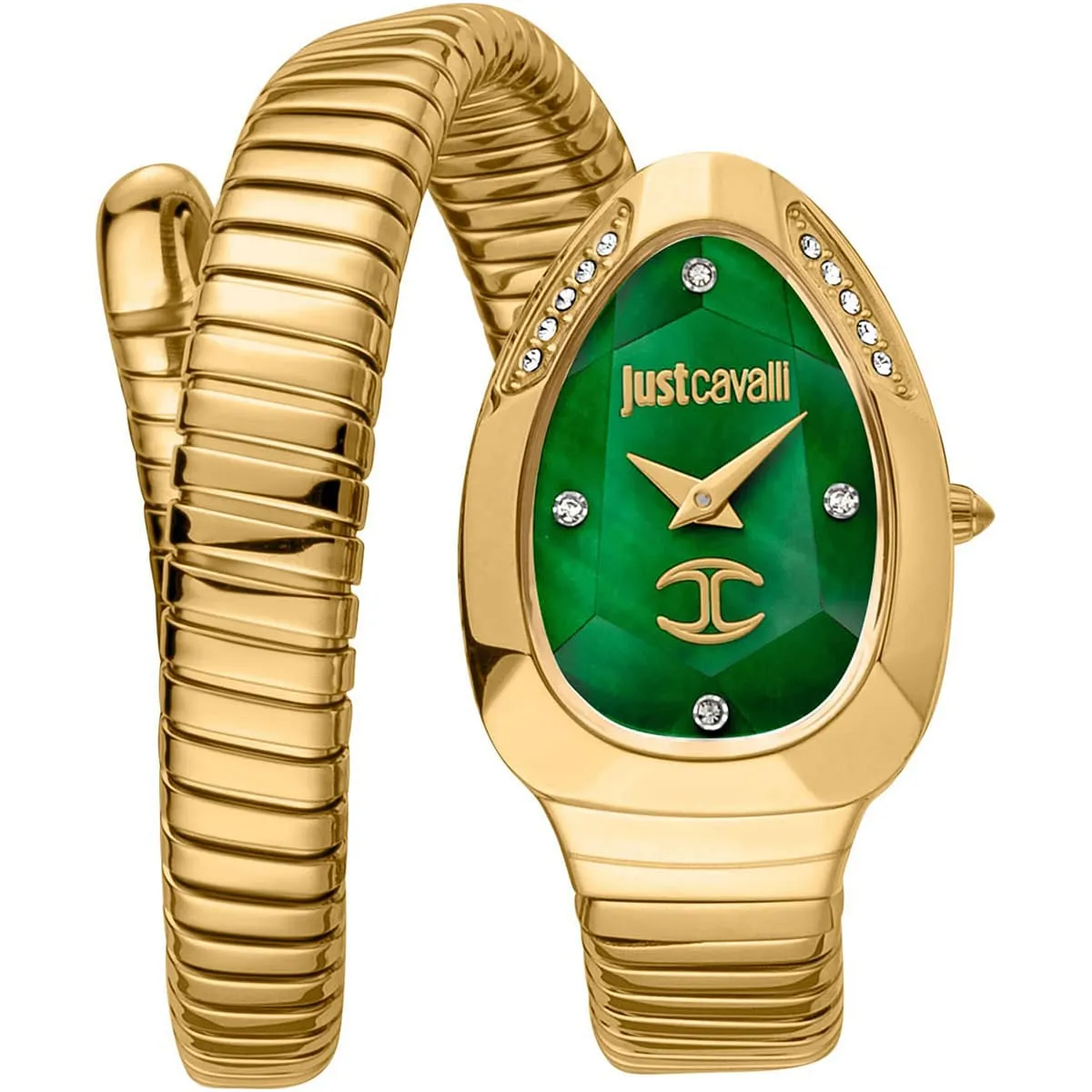 jc1l229m0035 just cavalli watch signature snake women green dial gold stainless steel strap double wrap bracelet crystals mother of pearl