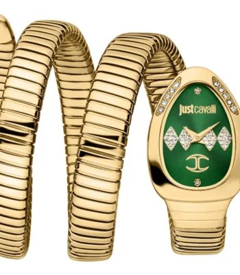 jc1l230m0045 just cavalli watch signature snake women green dial gold stainless steel strap triple wrap crystals