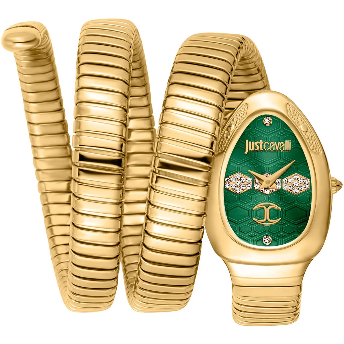 jc1l232m0035 just cavalli watch signature snake women green dial gold stainless steel strap triple wrap crystals