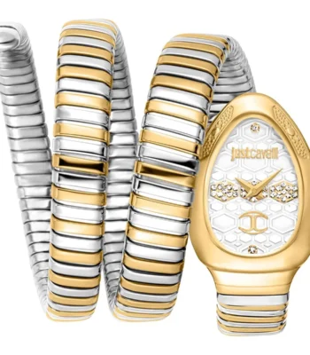 jc1l232m0055 just cavalli watch signature snake women silver dial gold stainless steel strap triple wrap crystals two tone