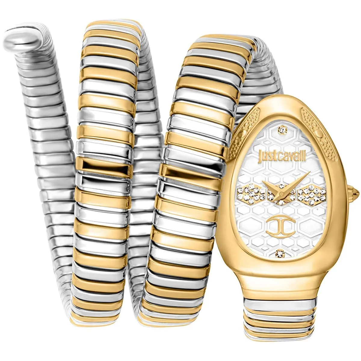 jc1l232m0055 just cavalli watch signature snake women silver dial gold stainless steel strap triple wrap crystals two tone