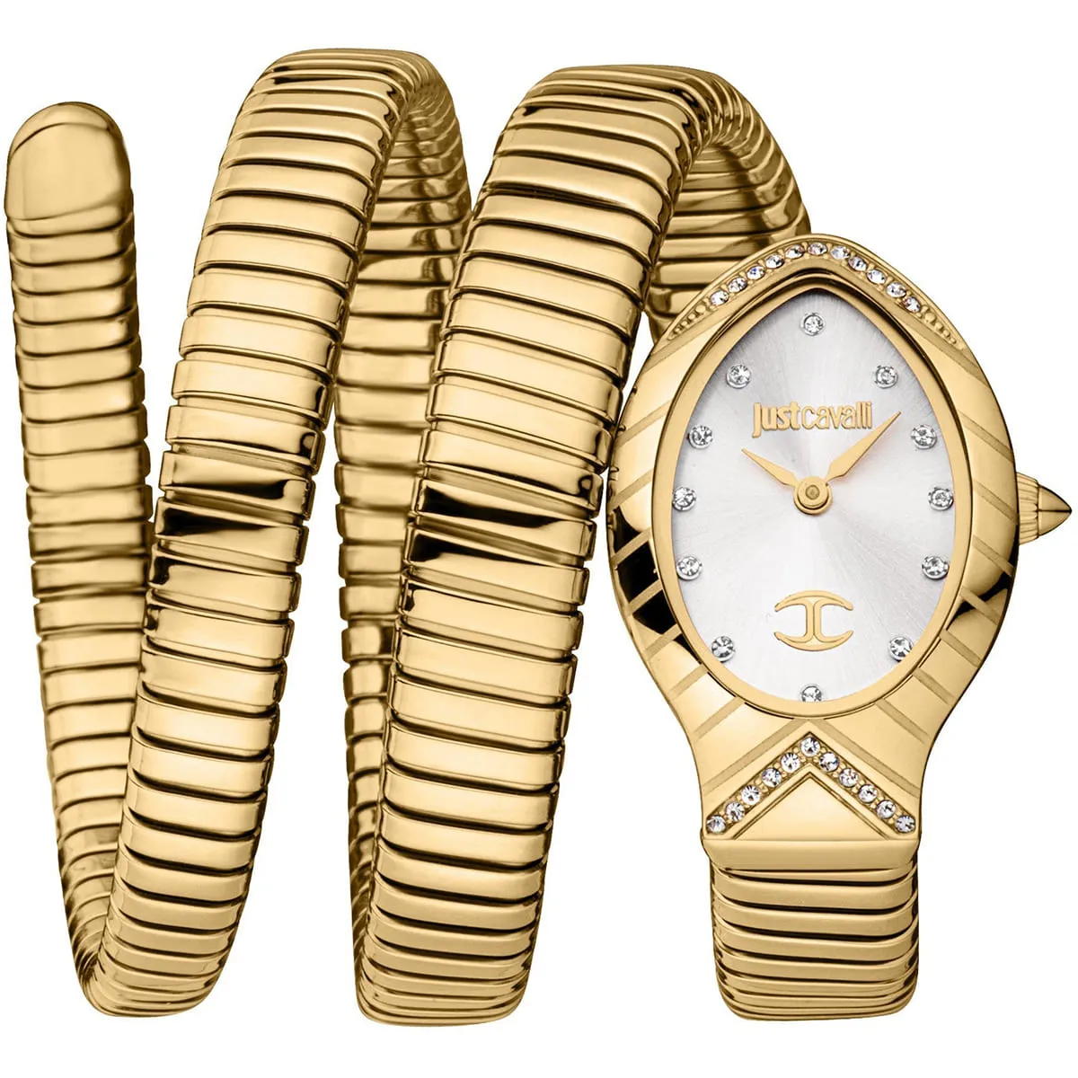 jc1l248m0025 just cavalli watch signature snake women silver dial gold stainless steel strap triple wrap crystals