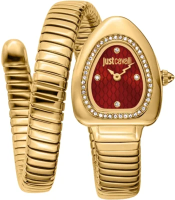 jc1l249m0025 just cavalli watch signature snake women red dial gold stainless steel strap double wrap bracelet crystals