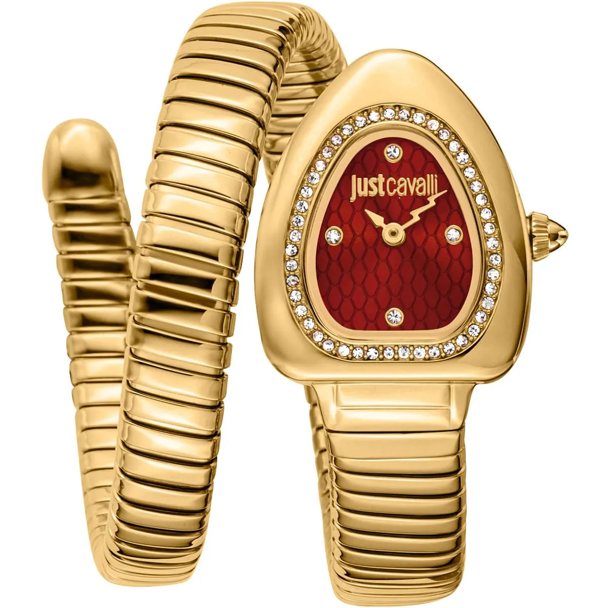 jc1l249m0025 just cavalli watch signature snake women red dial gold stainless steel strap double wrap bracelet crystals