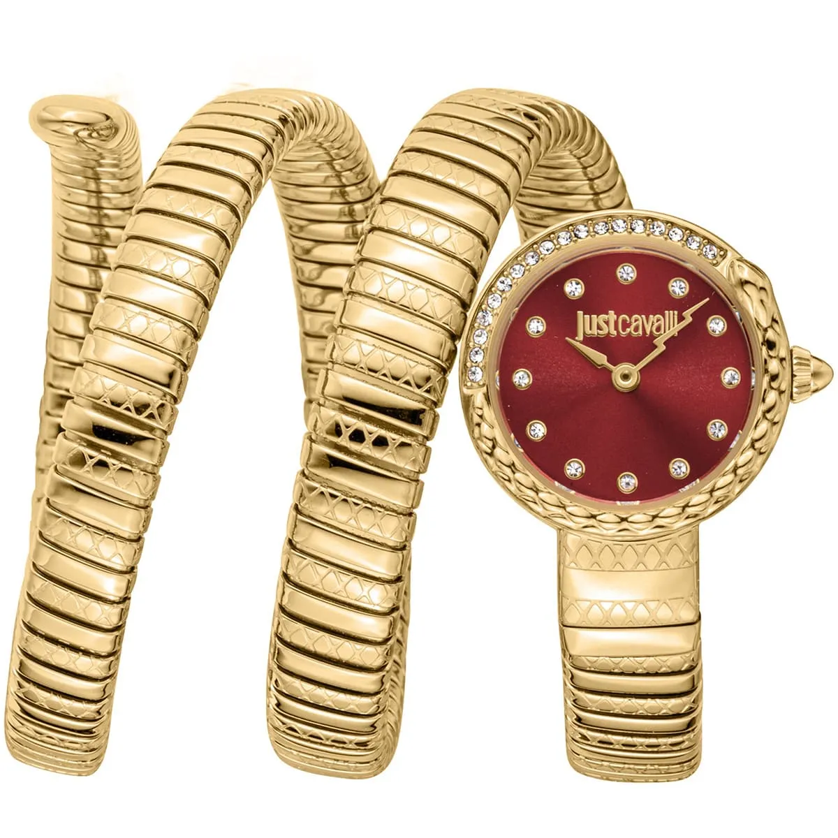 jc1l302m0035 just cavalli watch signature snake women red dial gold stainless steel strap triple wrap crystals
