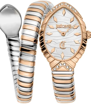 jc1l322m0065 just cavalli watch signature snake women silver dial rose gold stainless steel strap double wrap bracelet crystals two tone