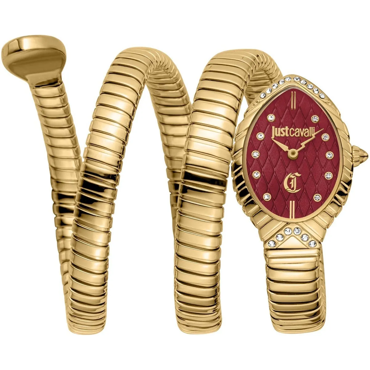 jc1l323m0035 just cavalli watch signature snake women red dial gold stainless steel strap triple wrap crystals