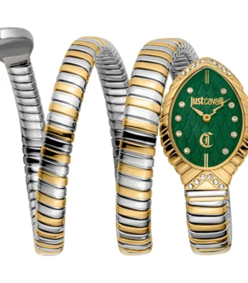 jc1l323m0055 just cavalli watch signature snake women green dial silver gold stainless steel strap triple wrap crystals two tone