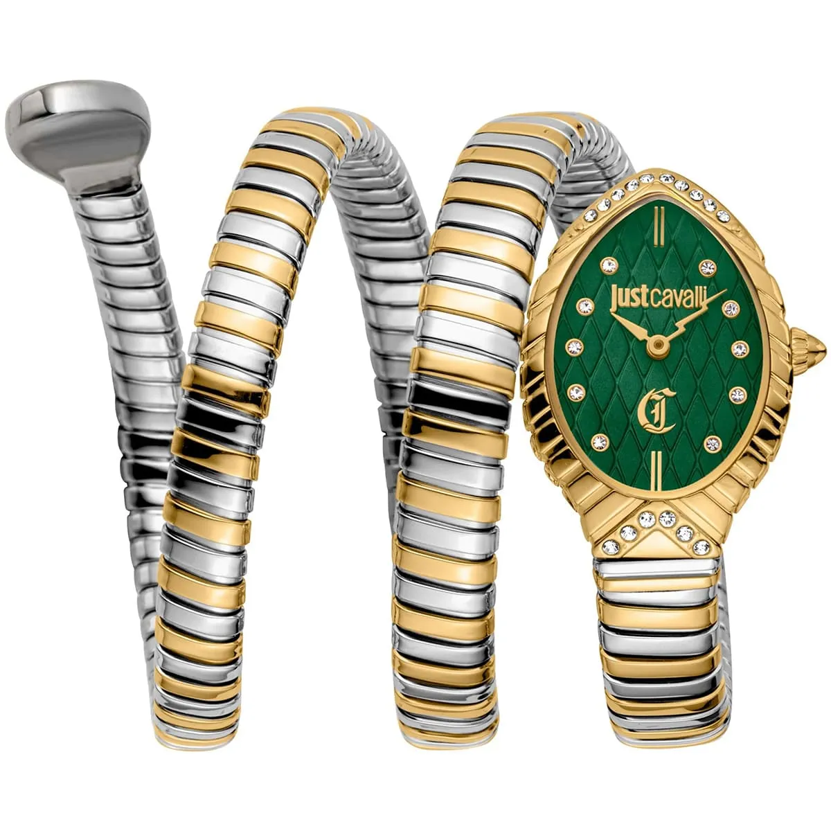jc1l323m0055 just cavalli watch signature snake women green dial silver gold stainless steel strap triple wrap crystals two tone