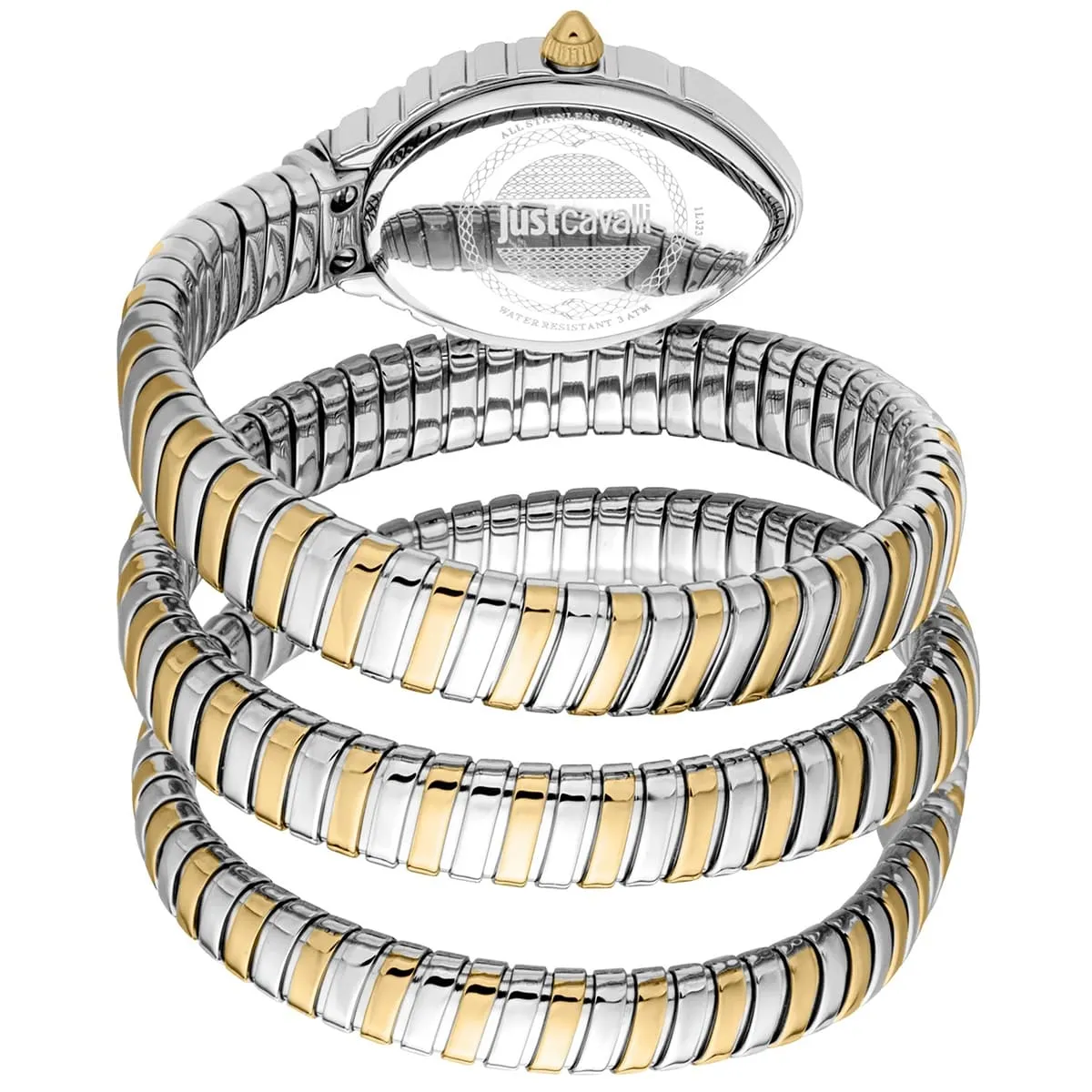 jc1l323m0055 just cavalli watch signature snake women green dial silver gold stainless steel strap triple wrap crystals two tone 2