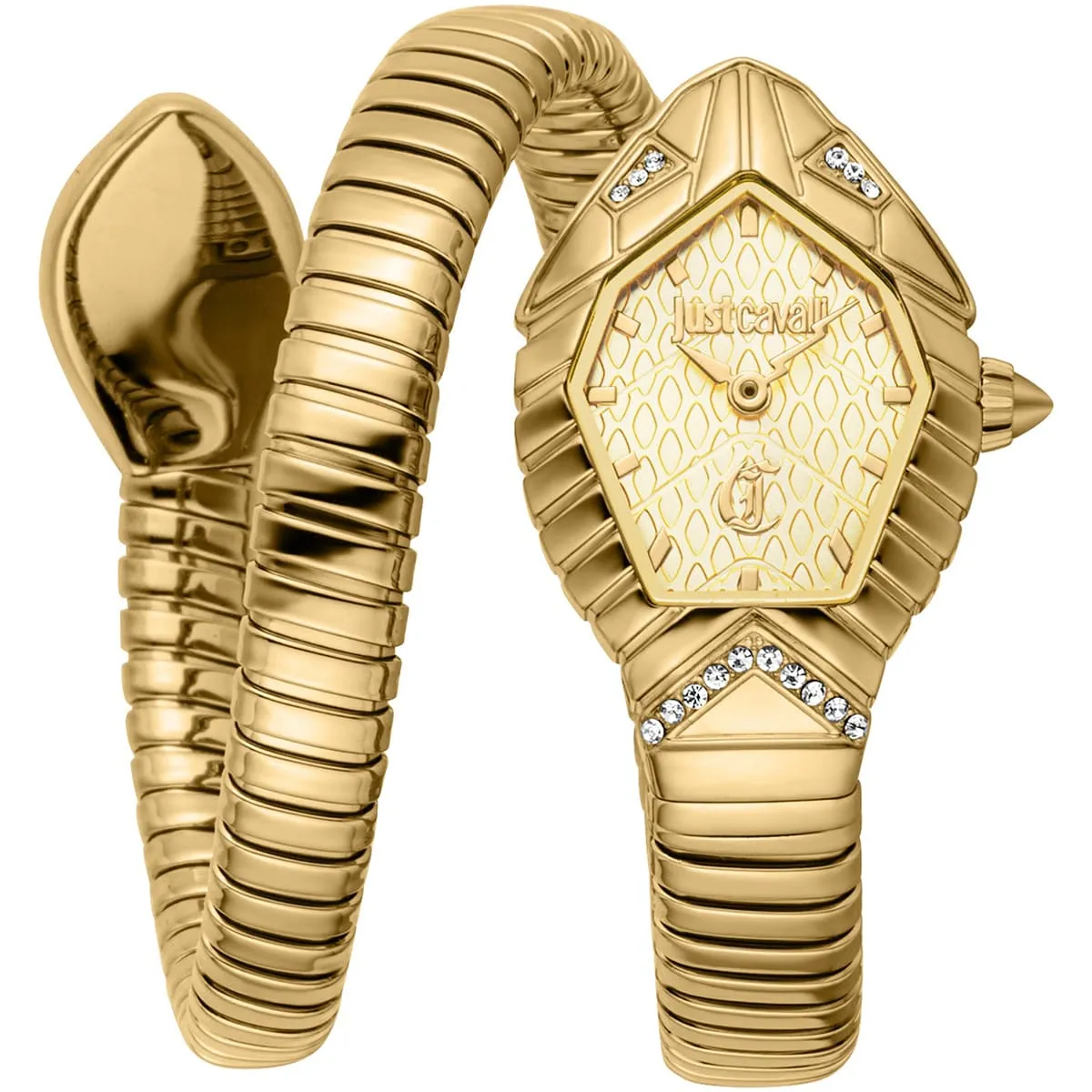 jc1l356m0025 just cavalli watch signature snake women gold dial stainless steel strap double wrap bracelet crystals