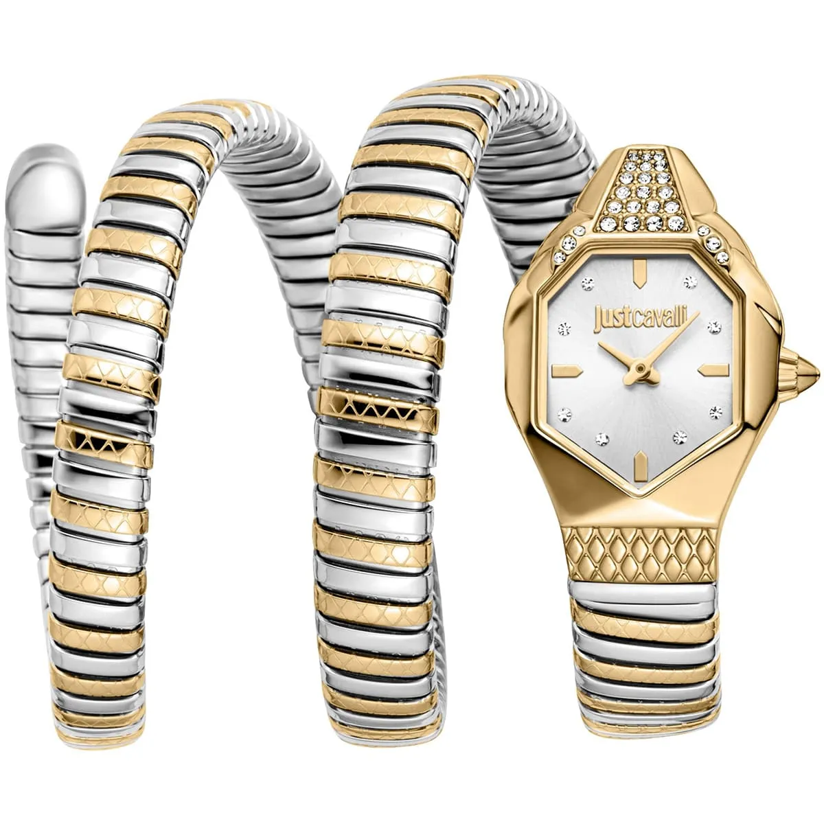 jc1l370m0055 just cavalli watch signature snake women silver dial gold stainless steel strap triple wrap crystals two tone