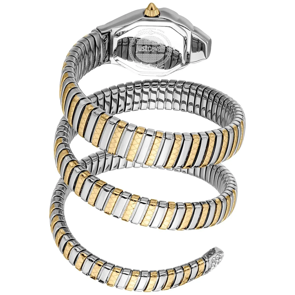 jc1l370m0055 just cavalli watch signature snake women silver dial gold stainless steel strap triple wrap crystals two tone 2