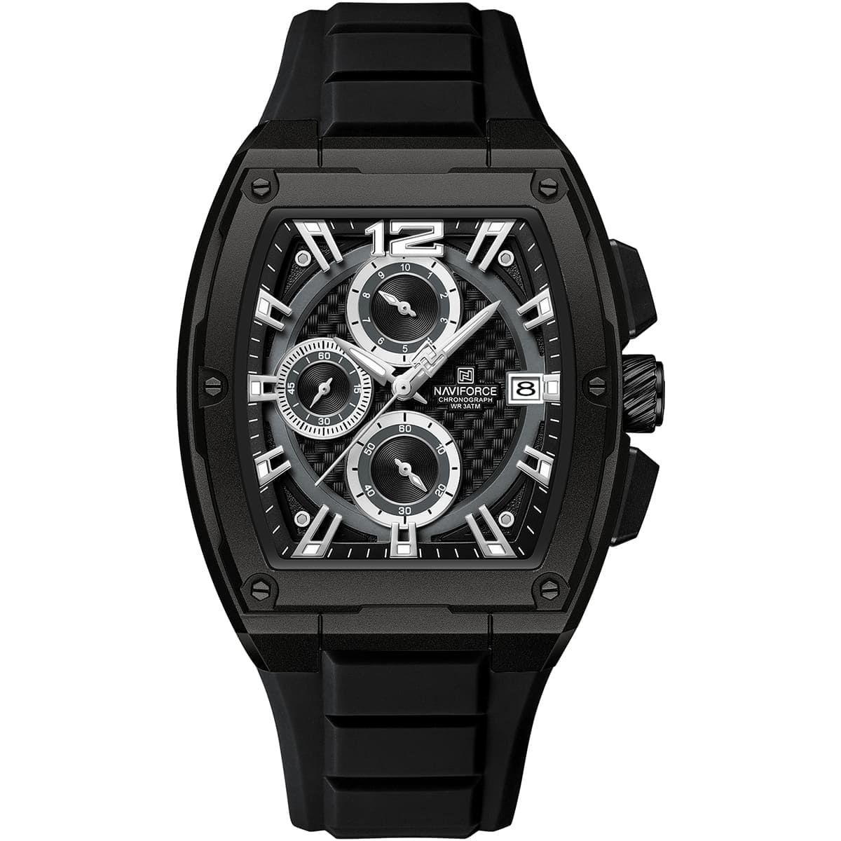 nf8050-b-b-b-naviforce-watch-chronograph-wr-3atm-men-black-dial-rubber-strap-quartz-battery-square-analog-for-dream ساعة نافي فورس للرجال NF8050-B-B-B - الصورة 1