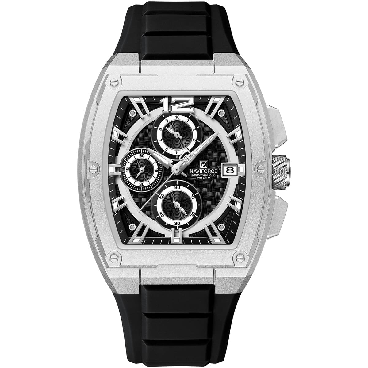 nf8050-s-b-b-naviforce-watch-chronograph-wr-3atm-men-black-dial-rubber-strap-quartz-battery-square-analog-for-dream ساعة نافي فورس للرجال NF8050-S-B-B - الصورة 1