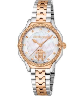 rv1l225m0081 roberto cavalli watch franck muller women white dial silver rose gold stainless steel strap mother of pearl snake two tone