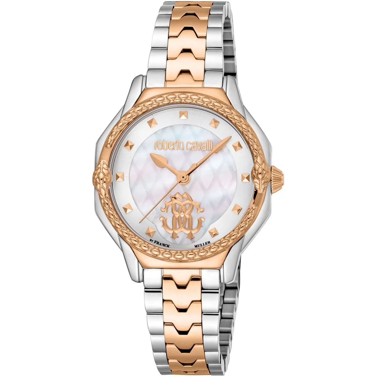 rv1l225m0081 roberto cavalli watch franck muller women white dial silver rose gold stainless steel strap mother of pearl snake two tone