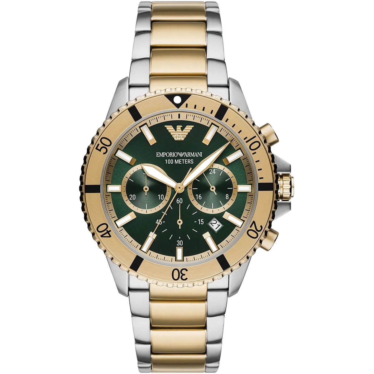 ar11586-emporio-armani-watch-100-meters-men-two-tone-green-dial-metal-stainless-steel-silver-gold-strap-quartz-analog-chronograph-diver ساعة امبوريو ارماني للرجال AR11586 - الصورة 1