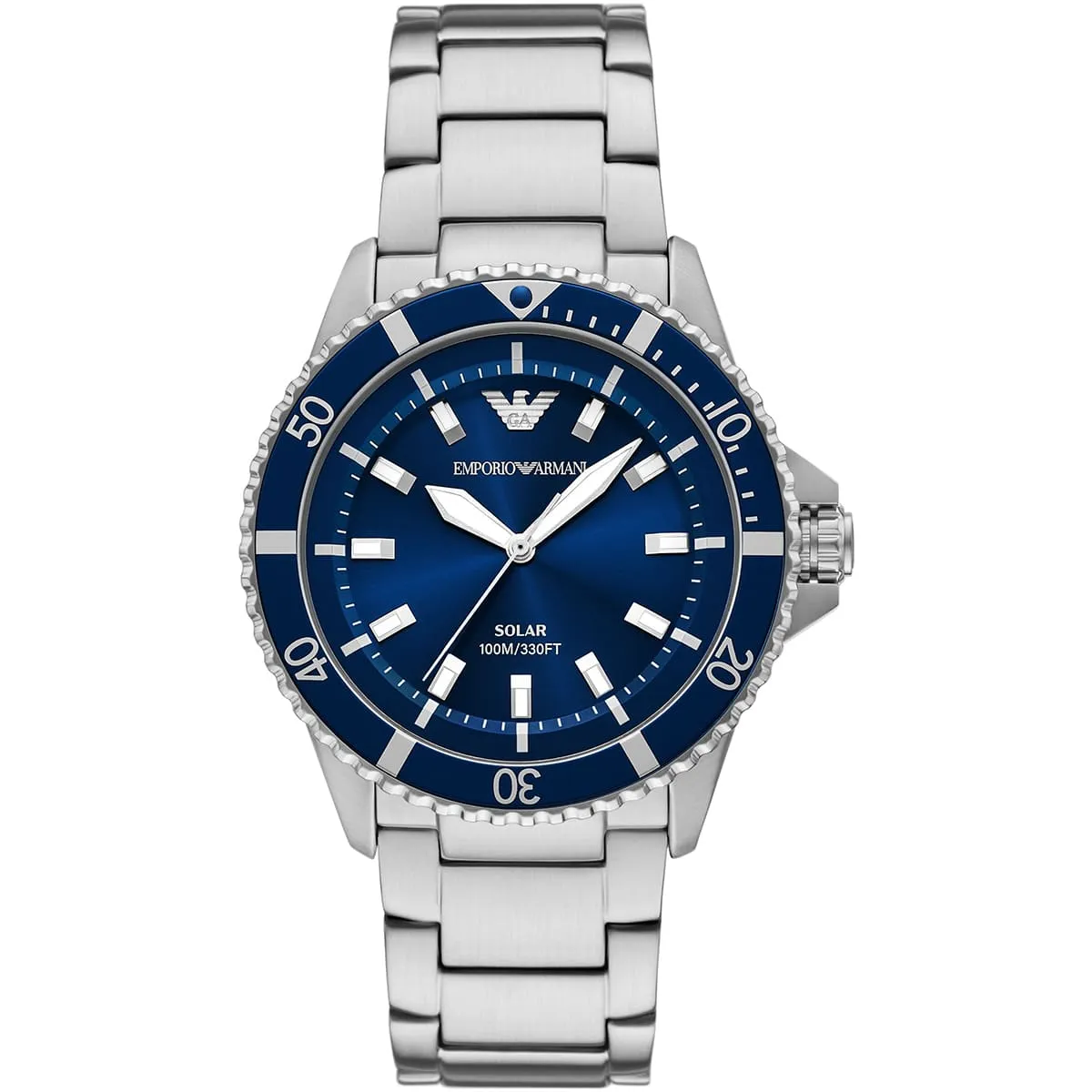 ar11697-emporio-armani-watch-100m-330ft-men-solar-powered-blue-dial-metal-stainless-steel-silver-strap-quartz-analog-world-explorer ساعة امبوريو ارماني للرجال AR11697 - الصورة 1