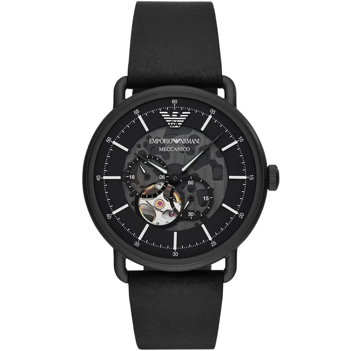 ar60028-emporio-armani-watch-meccanico-men-black-dial-leather-strap-automatic-analog-chronograph-aviator ساعة امبوريو ارماني للرجال AR60028 - الصورة 1