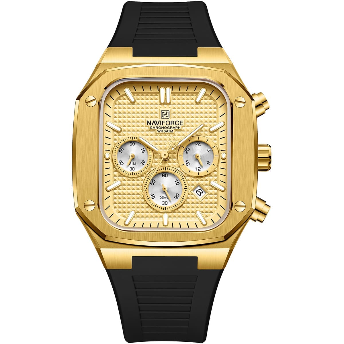 nf8037-g-g-b-naviforce-watch-chronograph-wr-3atm-men-gold-dial-rubber-black-strap-quartz-battery-square-analog-for-dream ساعة نافي فورس للرجال NF8037-G-G-B - الصورة 1