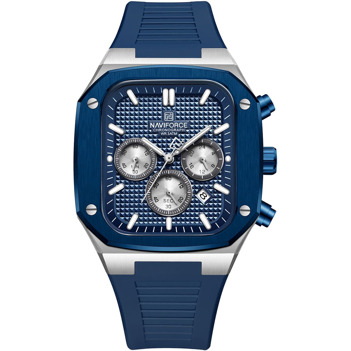 nf8037-s-be-be-naviforce-watch-chronograph-wr-3atm-men-blue-dial-rubber-strap-quartz-battery-square-analog-for-dream ساعة نافي فورس للرجال NF8037-S-BE-BE - الصورة 1