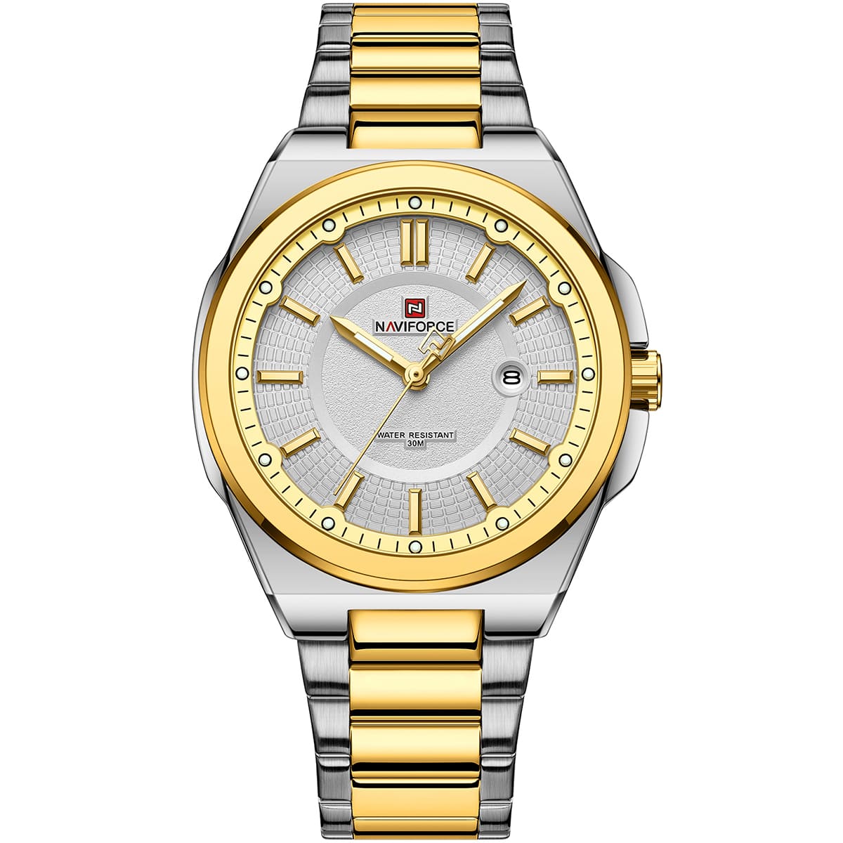 nf9212-g-w-naviforce-watch-water-resistant-30m-men-white-dial-stainless-steel-metal-silver-gold-strap-quartz-battery-analog-three-hand-for-dream ساعة نافي فورس للرجال NF9212-G-W - الصورة 1