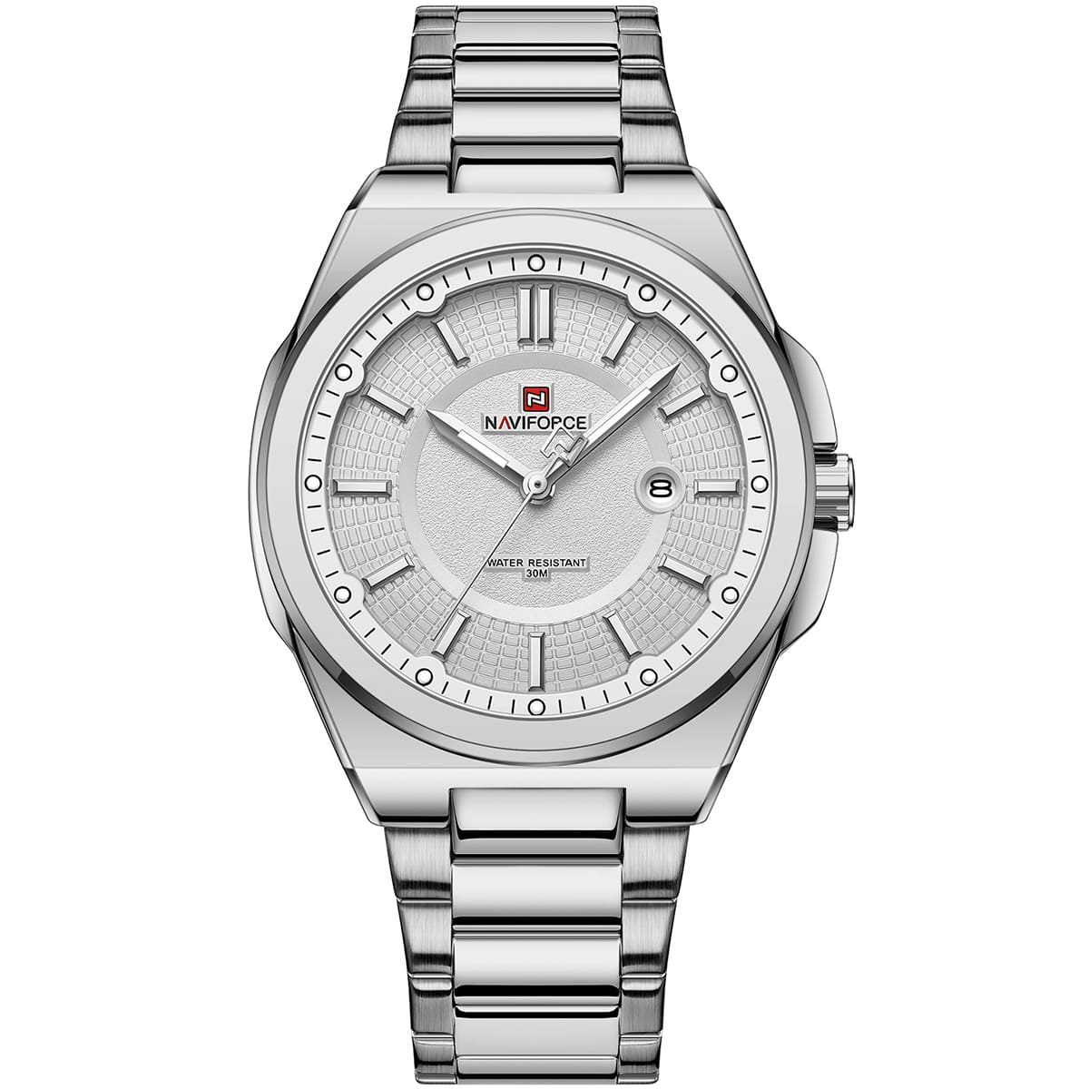 nf9212-s-w-naviforce-watch-water-resistant-30m-men-white-dial-stainless-steel-metal-silver-strap-quartz-battery-analog-three-hand-for-dream ساعة نافي فورس للرجال NF9212-S-W - الصورة 1