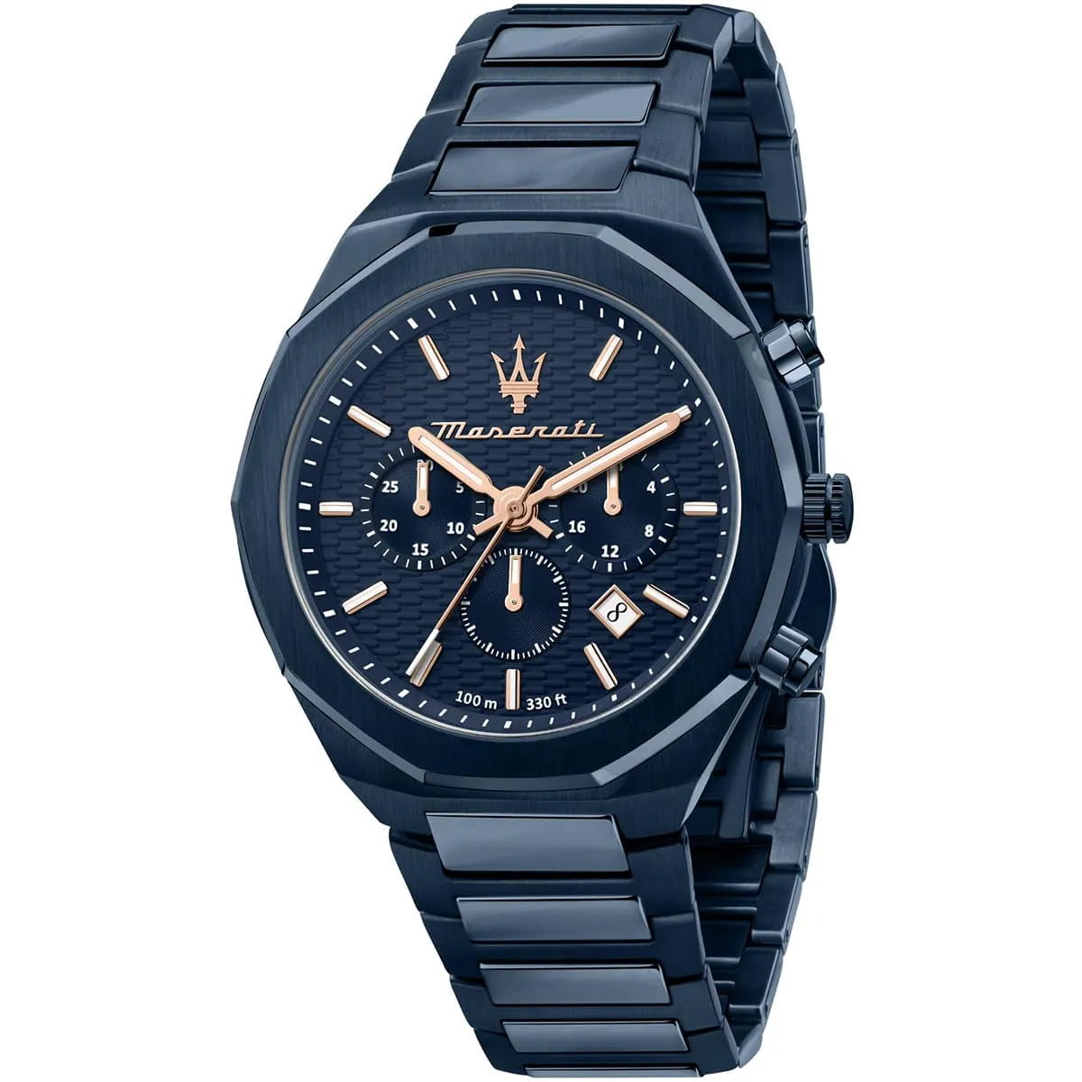r8873642008 maserati patterned dial watch men 100m 330ft blue metal stainless steel strap quartz battery analog chronograph stile