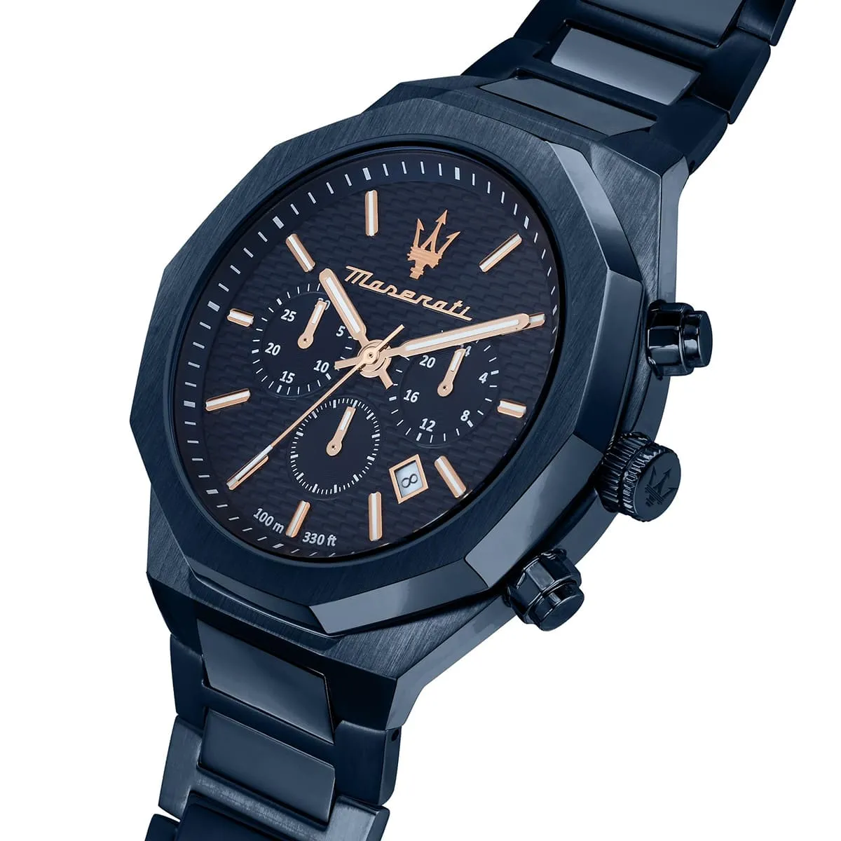 r8873642008 maserati patterned dial watch men 100m 330ft blue metal stainless steel strap quartz battery analog chronograph stile 2