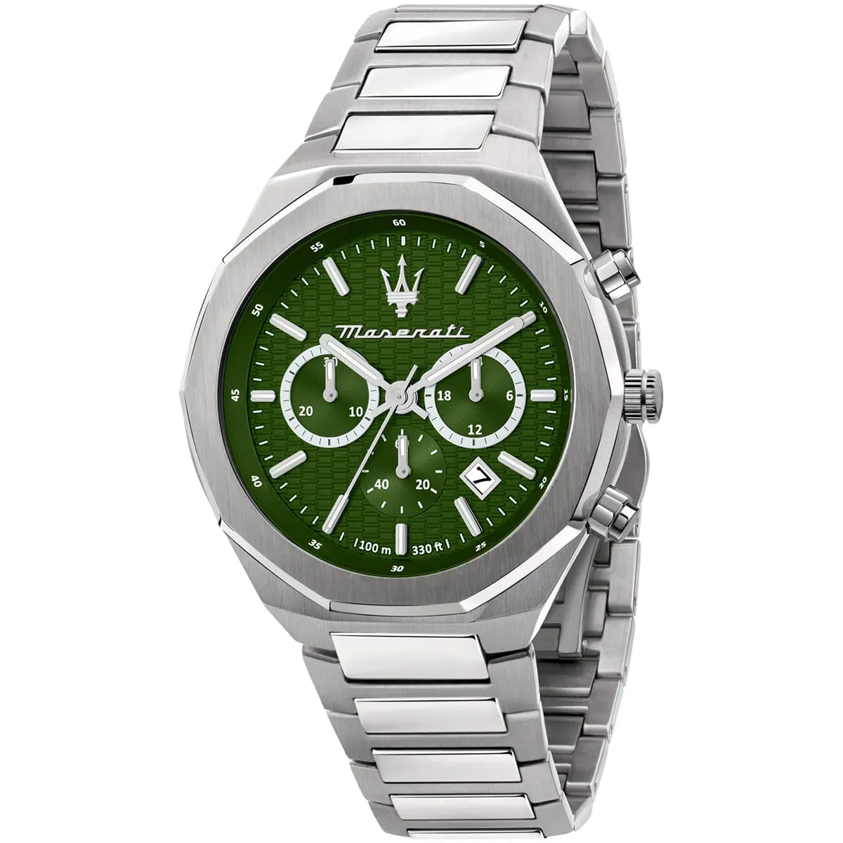 r8873642011 maserati patterned dial watch men 100m 330ft green metal stainless steel silver strap quartz battery analog chronograph stile
