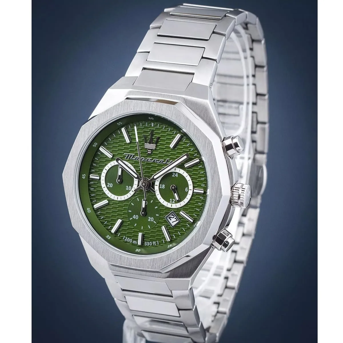 r8873642011 maserati patterned dial watch men 100m 330ft green metal stainless steel silver strap quartz battery analog chronograph stile 8