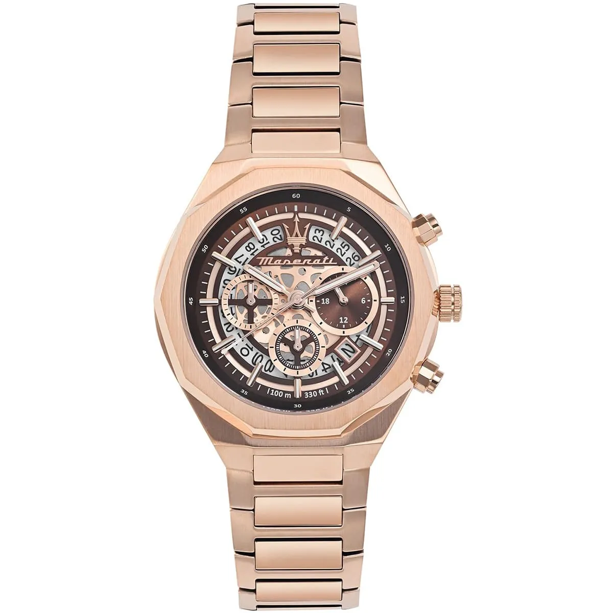 r8873642013 maserati watch men 100m 330ft brown dial metal stainless steel rose gold strap quartz battery analog chronograph stile