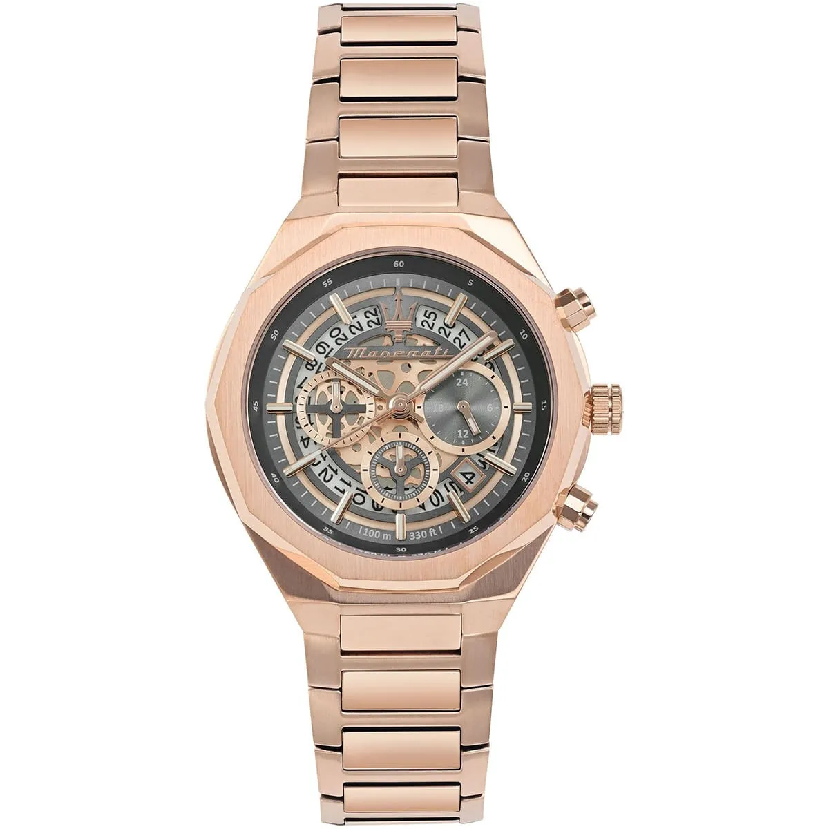 r8873642014 maserati watch men 100m 330ft gray dial metal stainless steel rose gold strap quartz battery analog chronograph stile