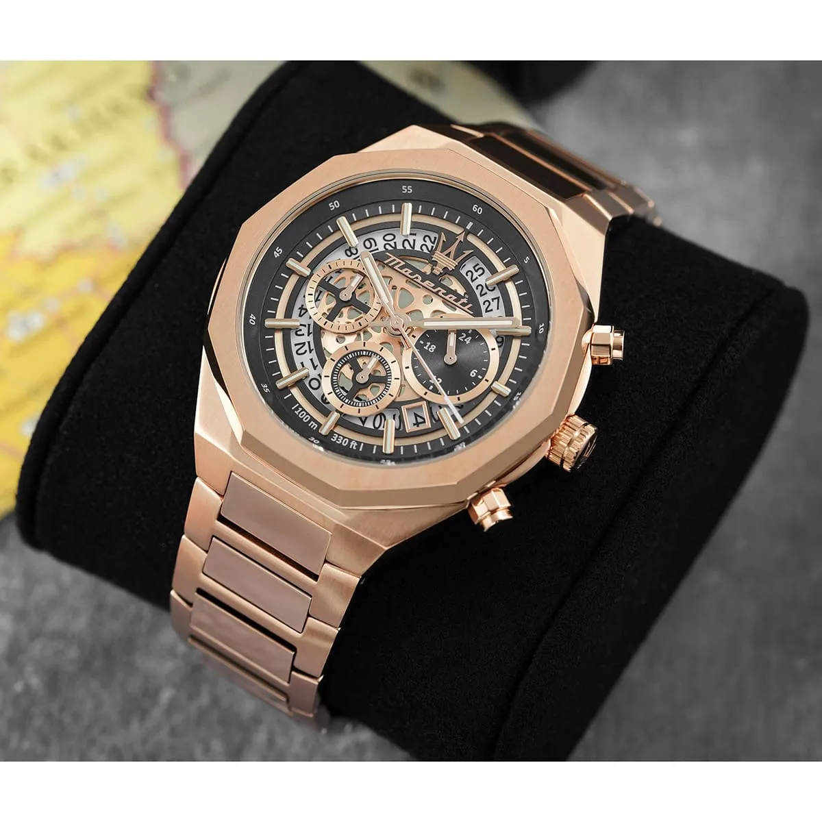 r8873642014 maserati watch men 100m 330ft gray dial metal stainless steel rose gold strap quartz battery analog chronograph stile 3