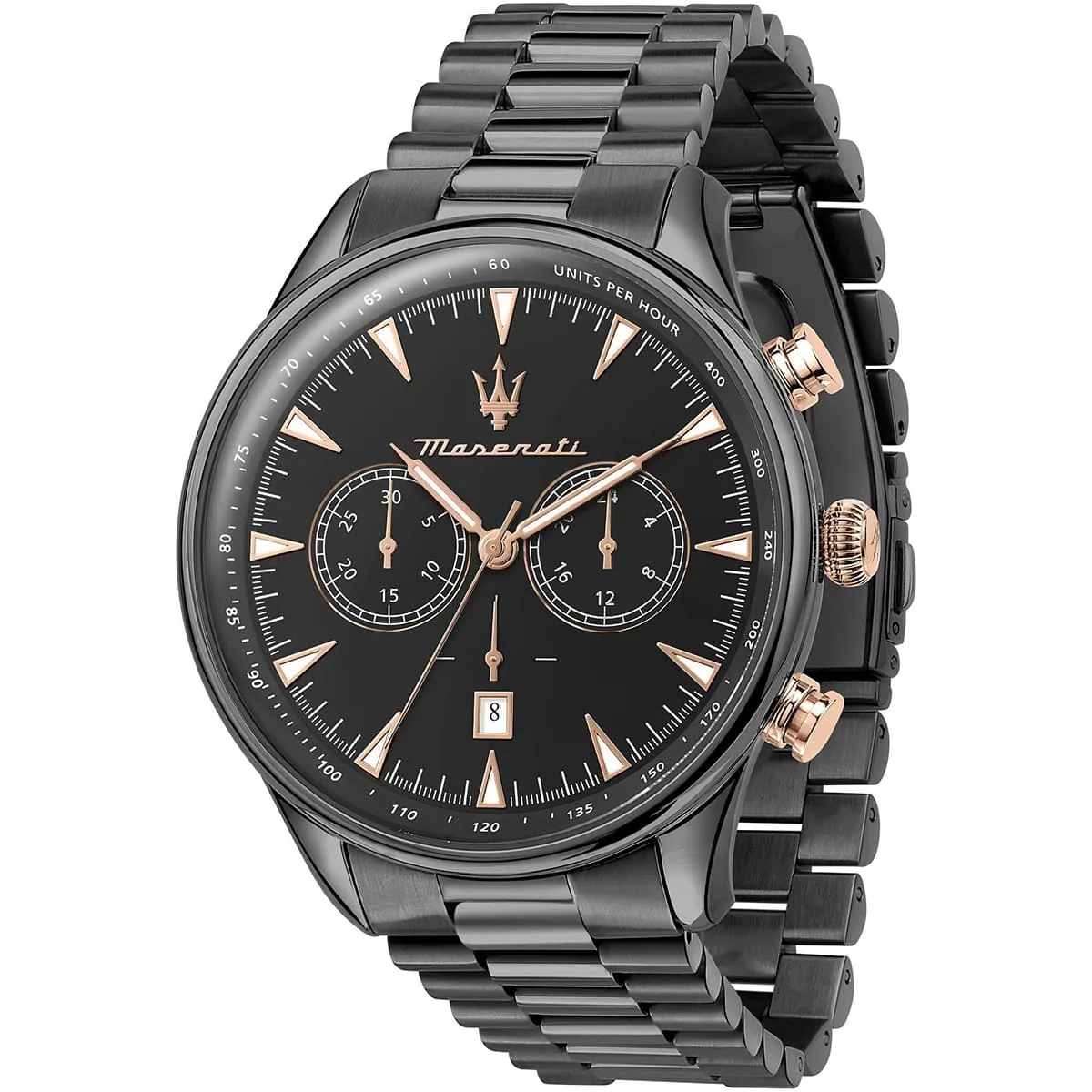 r8873646001 maserati watch men black dial metal stainless steel gray strap quartz battery analog chronograph tradizione