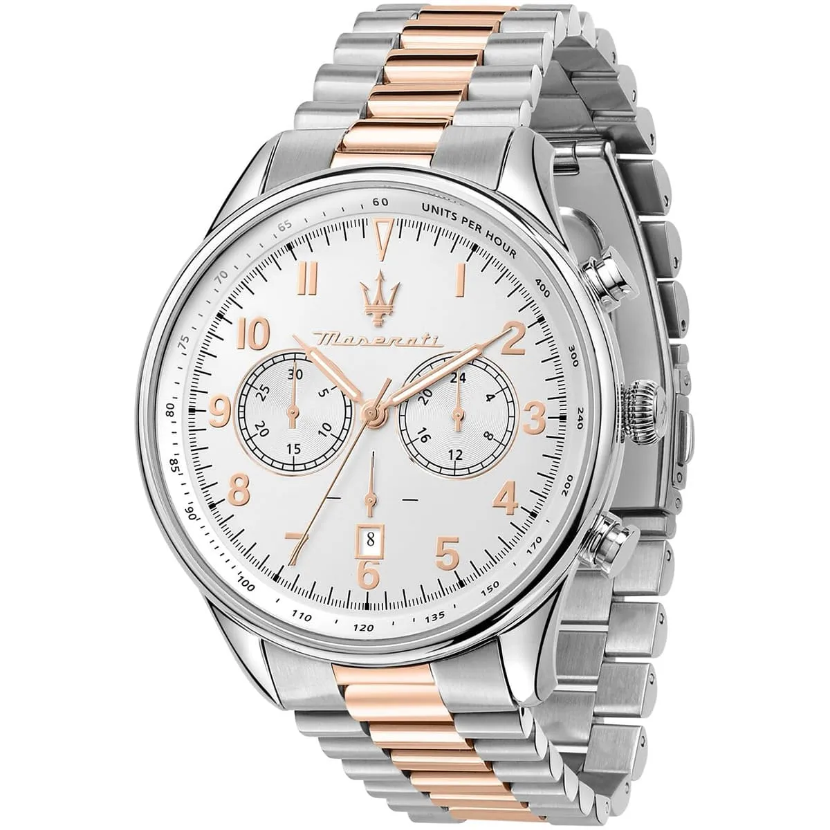 r8873646002 maserati two tone watch men silver dial metal stainless steel rose gold strap quartz battery analog chronograph tradizione