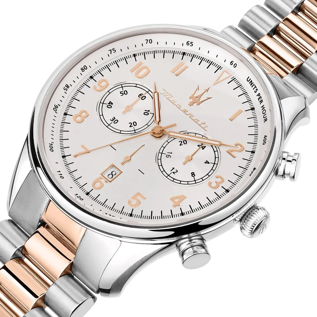 r8873646002 maserati two tone watch men silver dial metal stainless steel rose gold strap quartz battery analog chronograph tradizione 5
