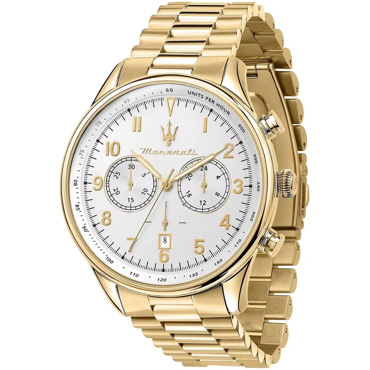r8873646003 maserati watch men white dial metal stainless steel gold strap quartz battery analog chronograph tradizione